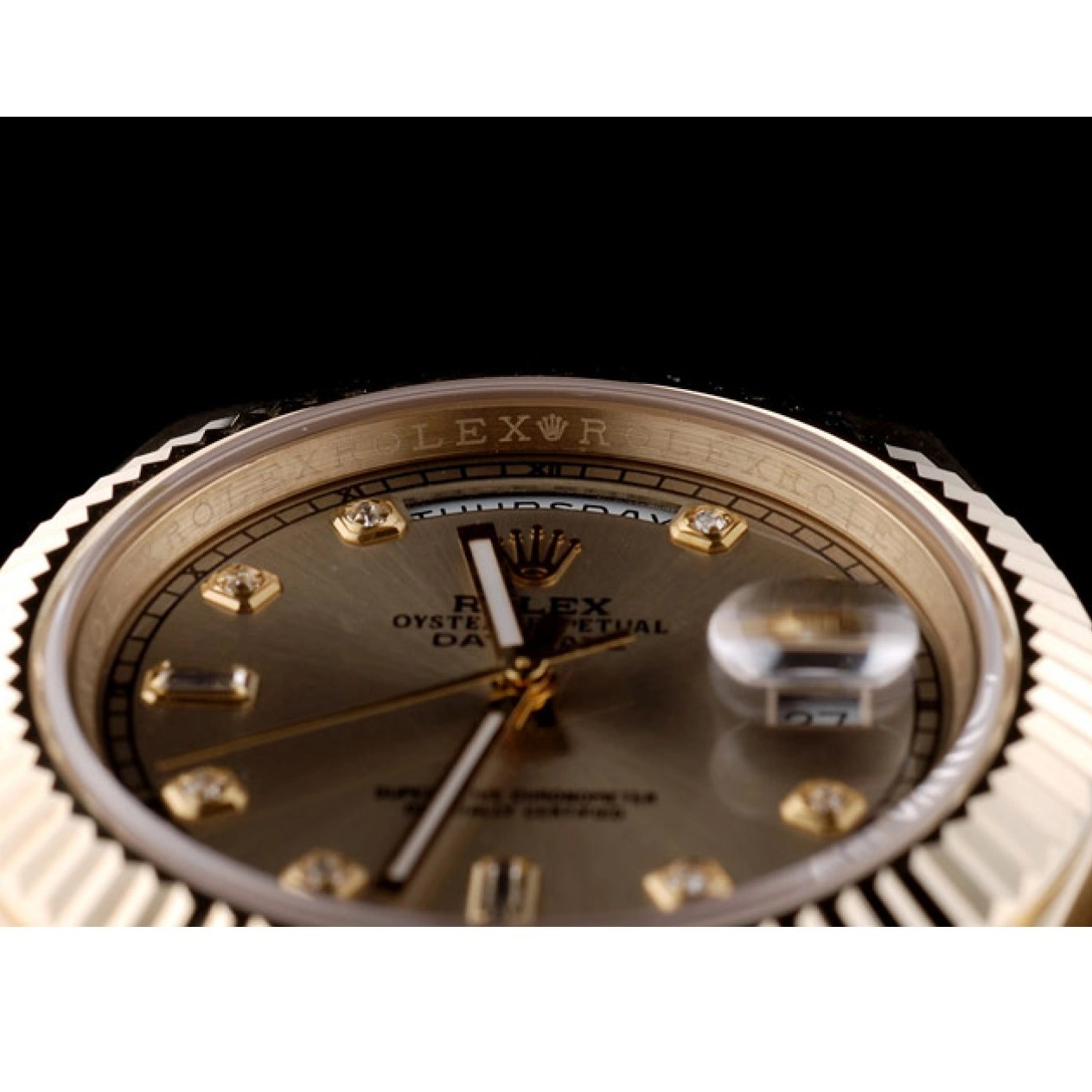 Aaa fake watches Swiss Ribbed Gold Steel Rolex Dial Bezel Stainless DayDate 41997 Gold 0814